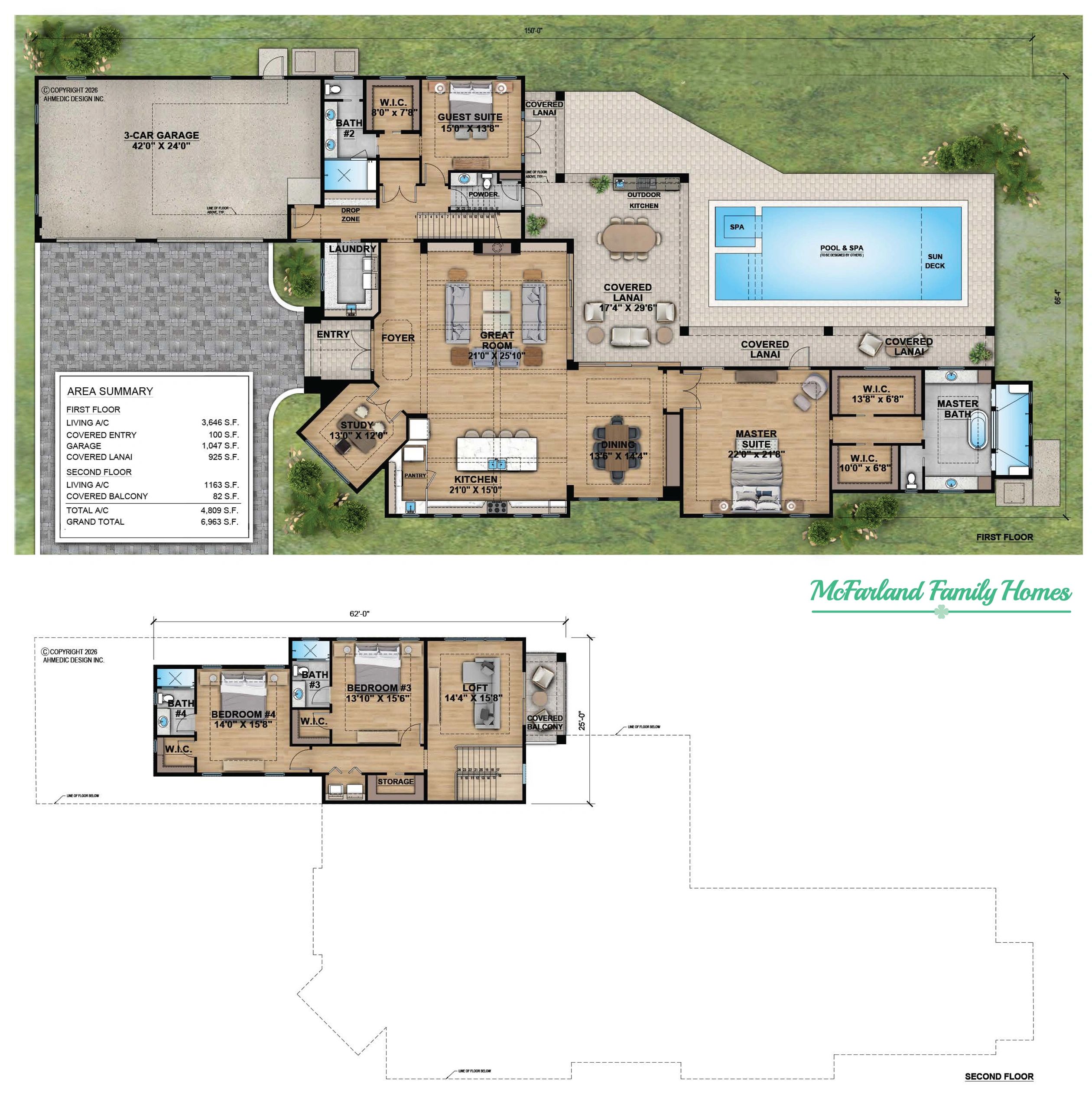Detailed two-floor family home plan with living spaces, bedrooms, and outdoor pool area.