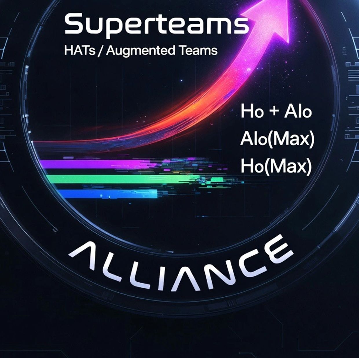 Futuristic graphic showing 'Superteams' with an upward arrow and the word ALLIANCE.