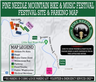 Map of Pine Needle Mountain Bike &amp; Music Festival site and parking areas.