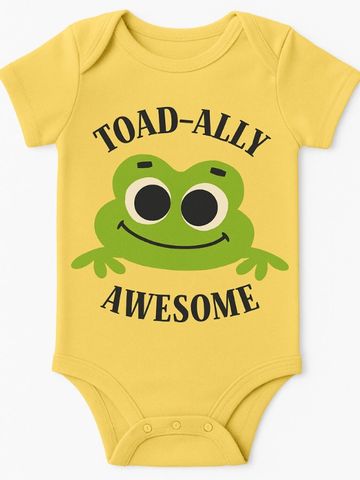 Yellow baby onesie with a cute frog and "Toad-ally Awesome" text.