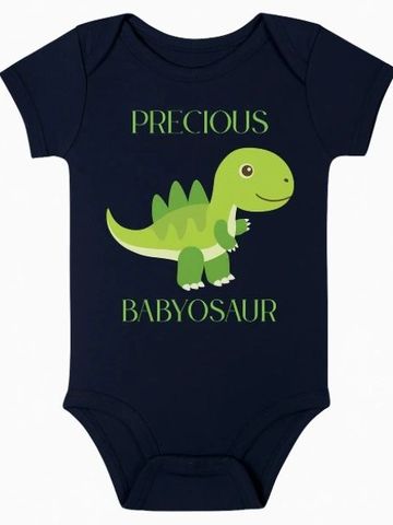 Navy blue baby onesie with a cute green dinosaur and text "Precious Babyosaur."
