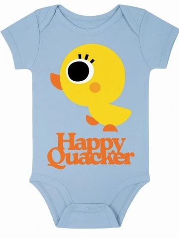 Blue baby onesie with a cute yellow duck and 'Happy Quacker' text.