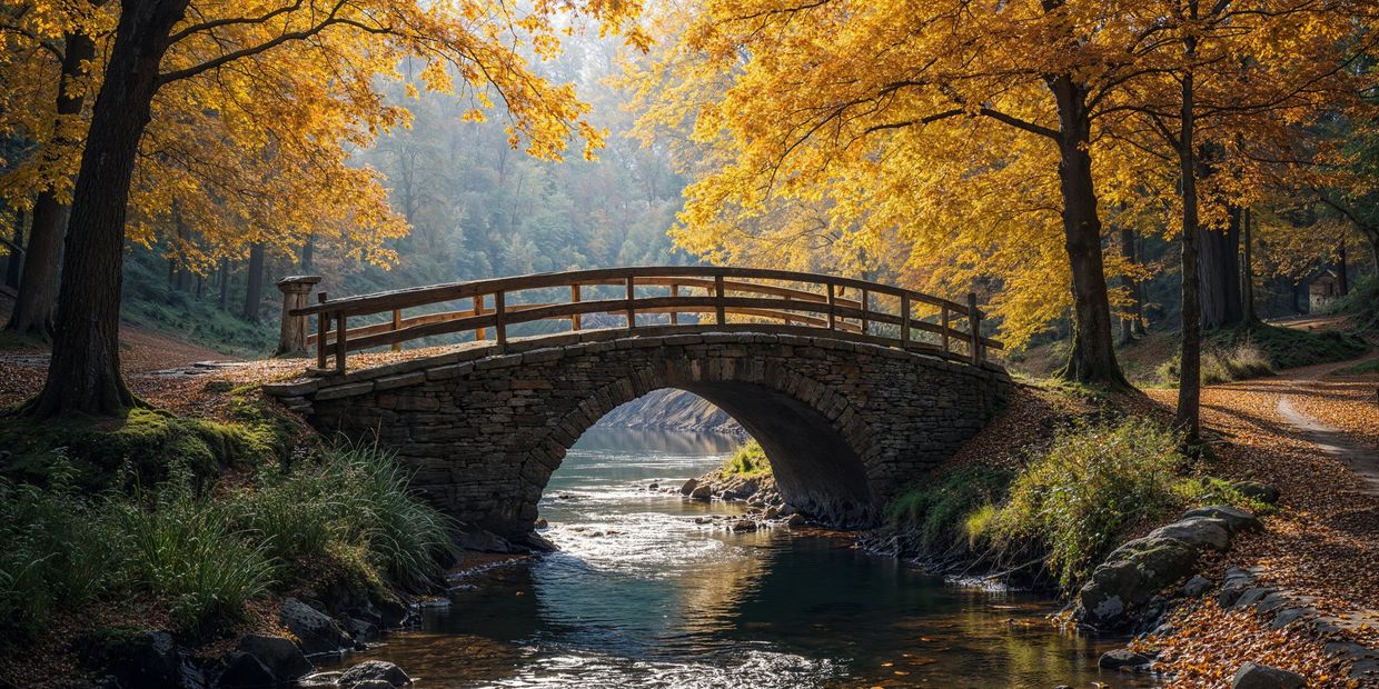 A stone bridge arches over a tranquil stream, surrounded by vibrant autumn 