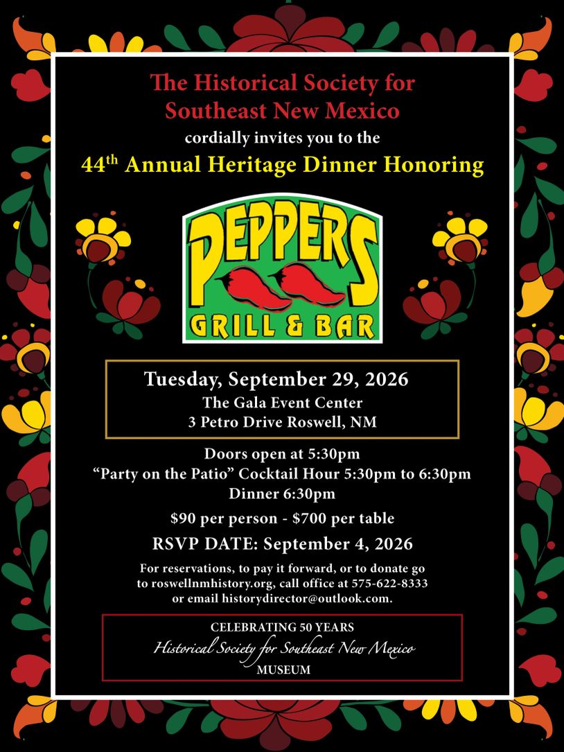 Invitation to the 44th Annual Heritage Dinner honoring Peppers Grill &amp; Bar on September 29, 2026.