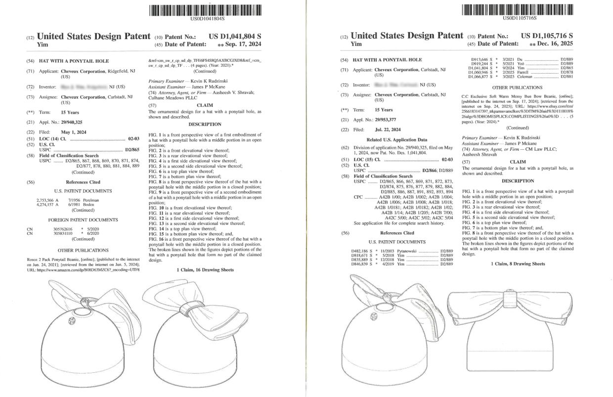 Two US design patent documents for hats with ponytail holes.