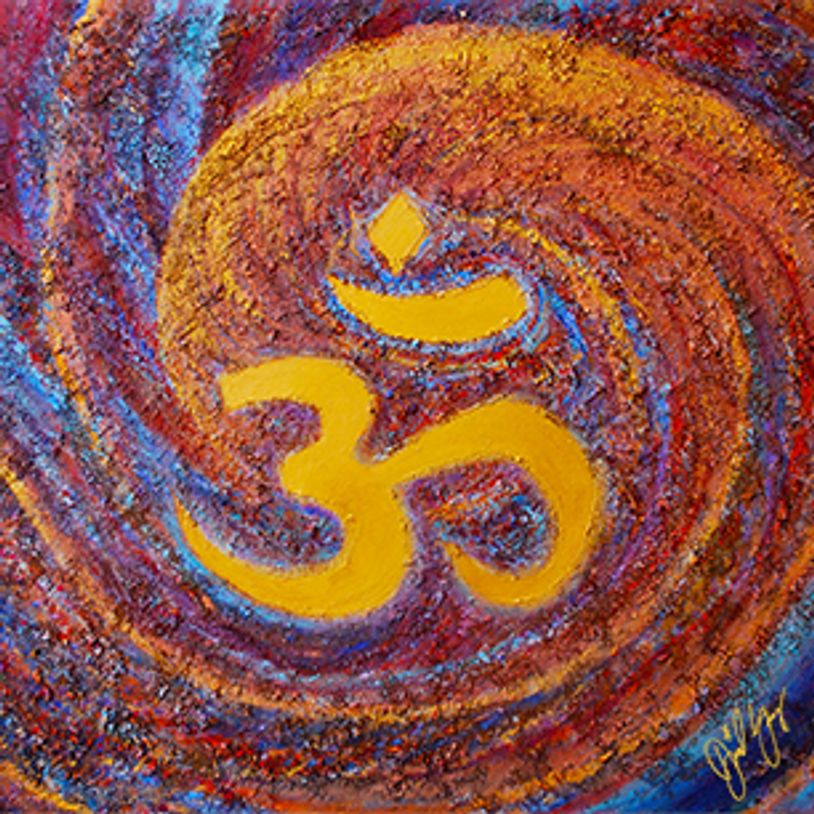 Colorful Om symbol in a swirling background.
