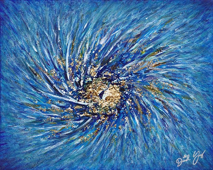Abstract blue and gold swirling painting resembling a cosmic explosion.
