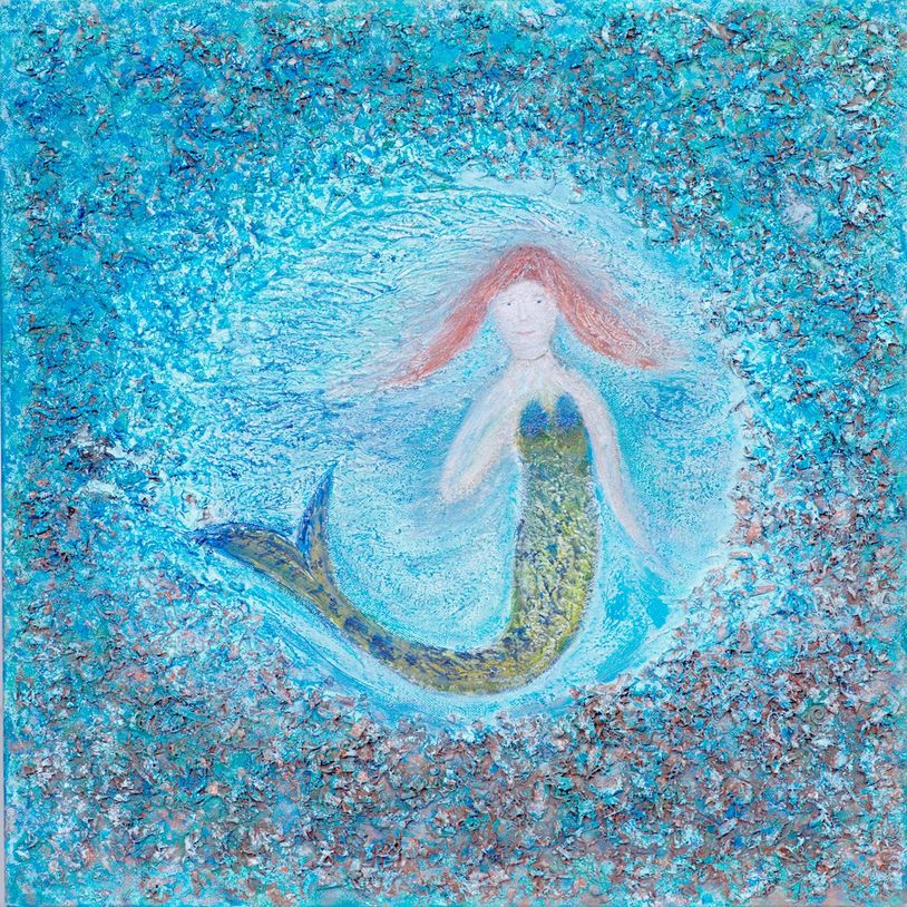 Textured painting of a mermaid with red hair swimming in blue water.
