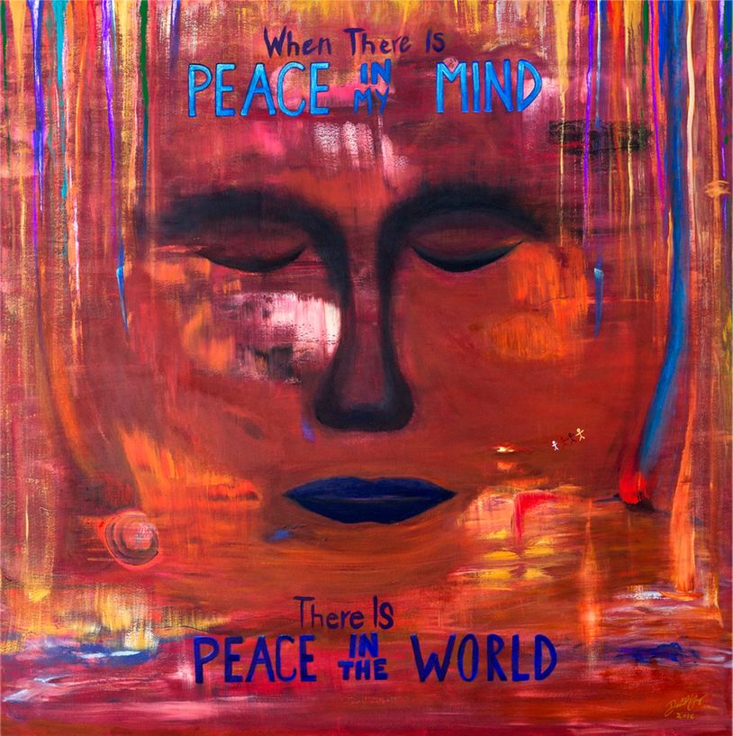 Abstract face with closed eyes and peace message in vibrant colors.