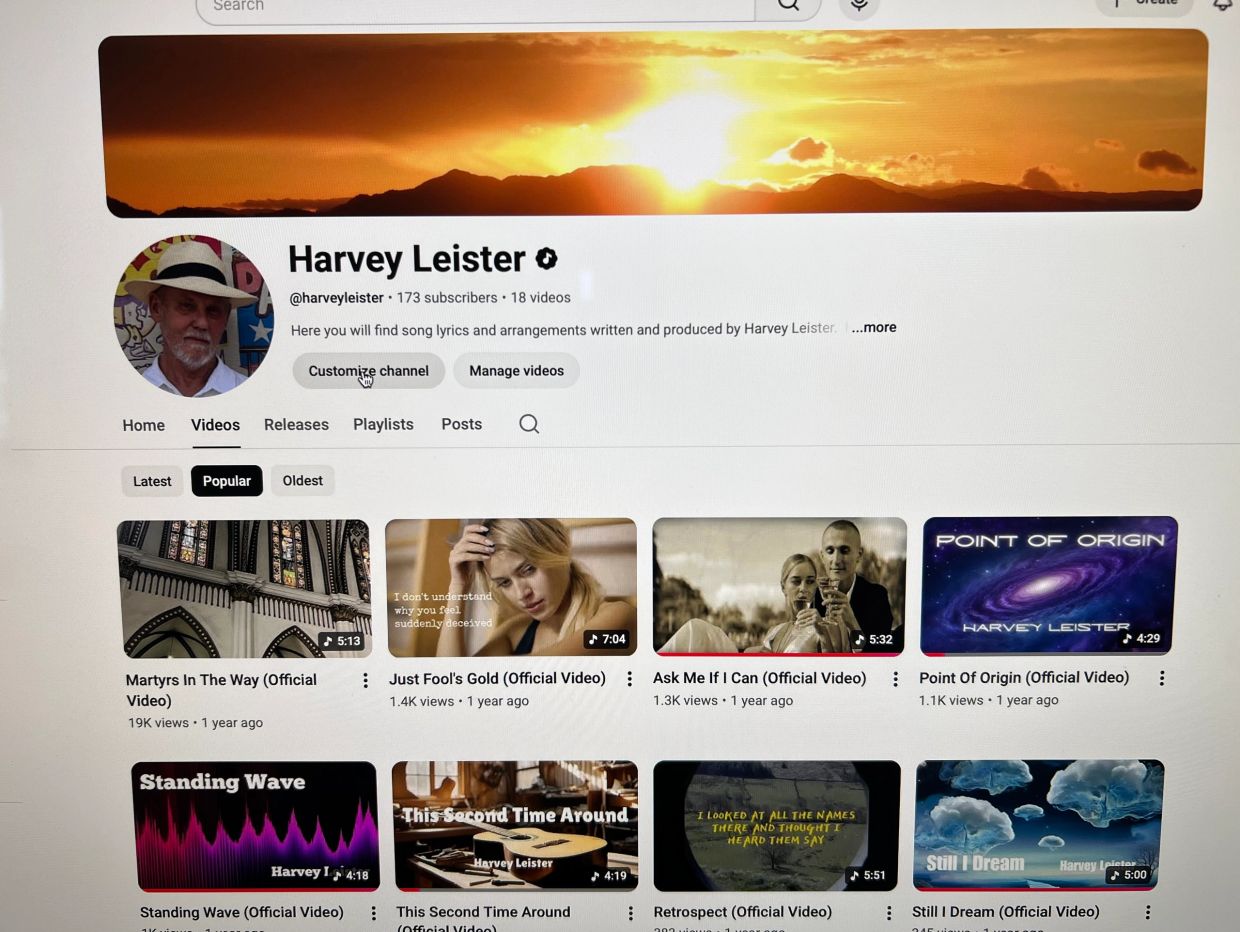 YouTube channel of Harvey Leister with song videos and 173 subscribers.