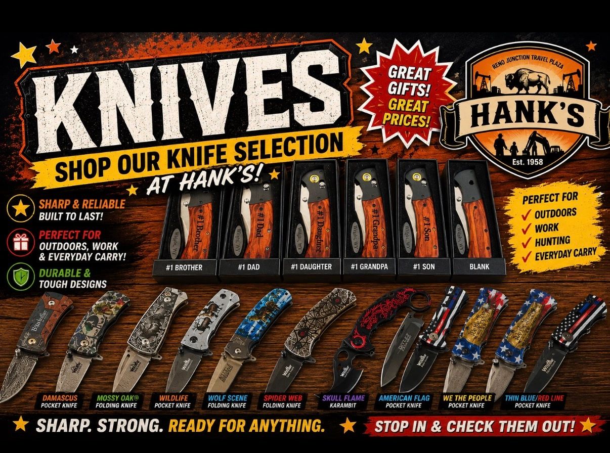 Knife selection display at Hank's with various sharp and durable knives for outdoor and everyday use.