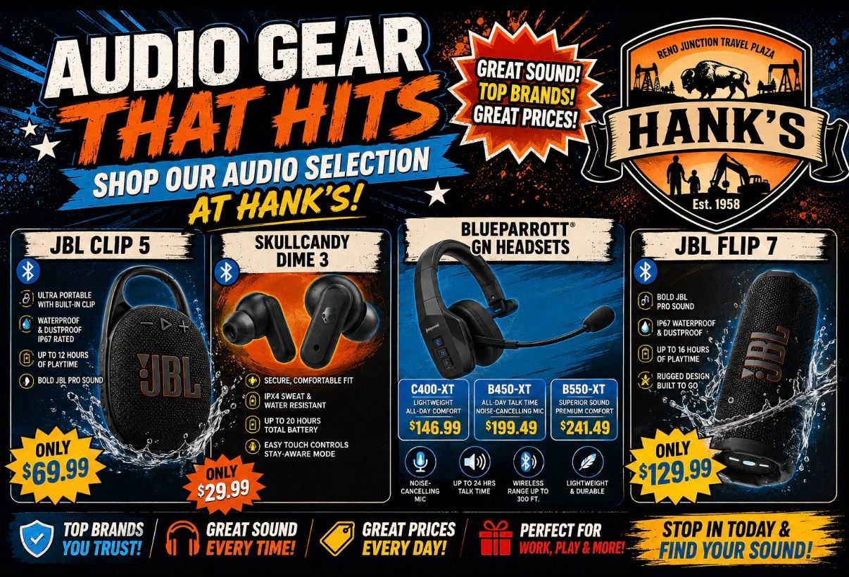 Advertisement for audio gear featuring JBL, Skullcandy, and BlueParrott at Hank's store.
