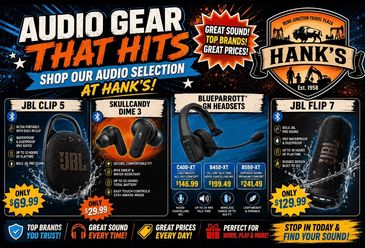 Advertisement for audio gear featuring JBL, Skullcandy, and BlueParrott at Hank's store.