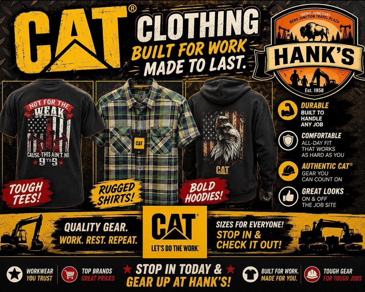 Advertisement for CAT clothing featuring tough tees, rugged shirts, and bold hoodies.