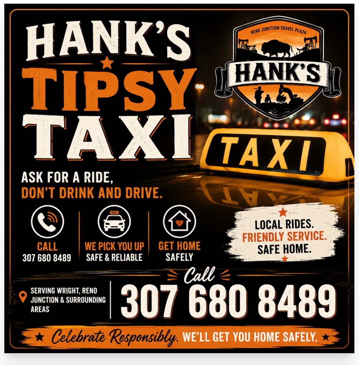 Advertisement for Hank's Tipsy Taxi with contact details and service info.