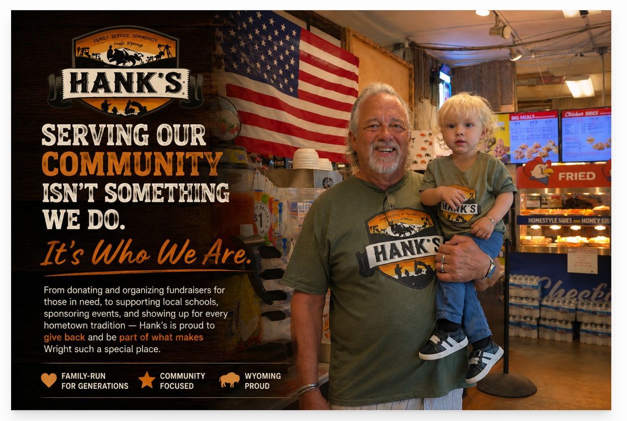 Hank’s serving community with pride and family values.