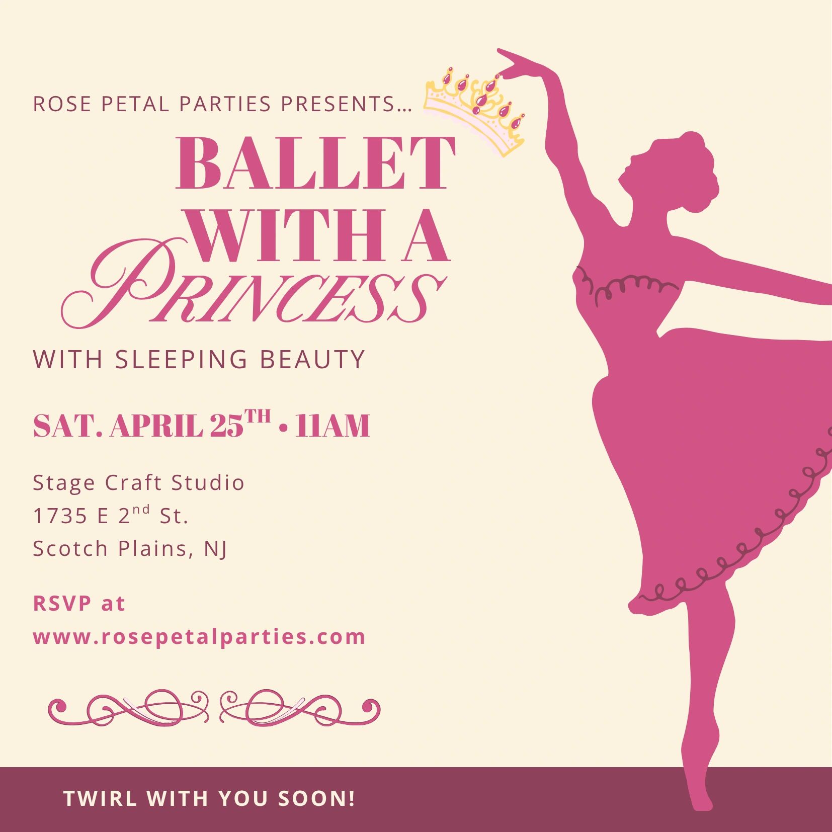 Invitation for Ballet with a Princess event featuring Sleeping Beauty on April 25th.