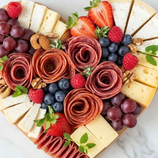Heart-shaped charcuterie board with cheeses, meats, and fruits.