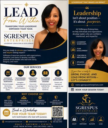 Leadership consulting ad featuring a smiling woman and SGRespus Enterprises branding.