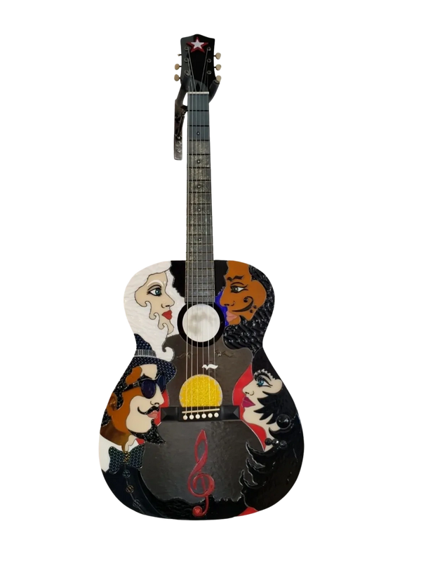 Stained glass art music themed guitar sun moon stars In Harmony by glass artist Susan Lorenzana