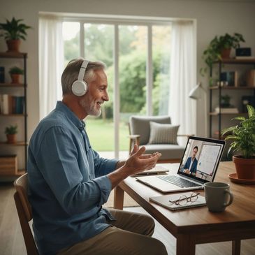 Older man with headphones video learning online in cozy home office.
