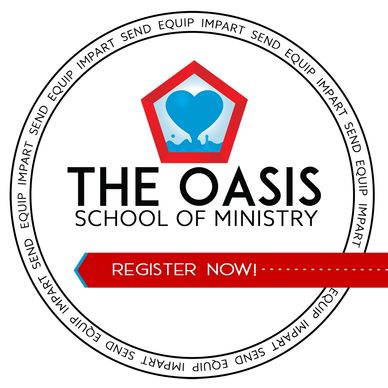 Logo for The Oasis School of Ministry with a heart and water symbol and registration call.