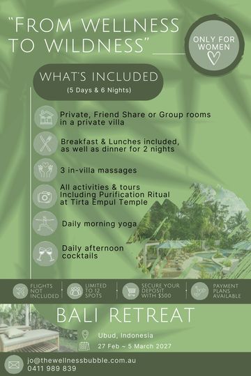 Bali retreat for women offering wellness activities, private rooms, meals, and tours.