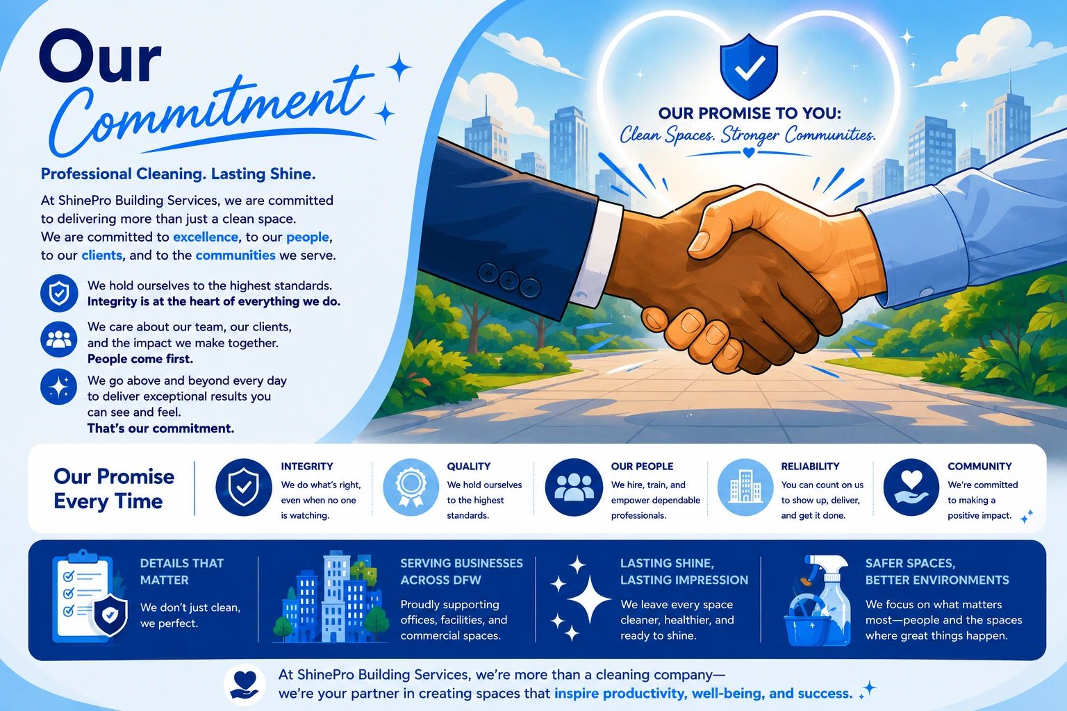 Commitment and promise of ShinePro Building Services for quality cleaning and community care.