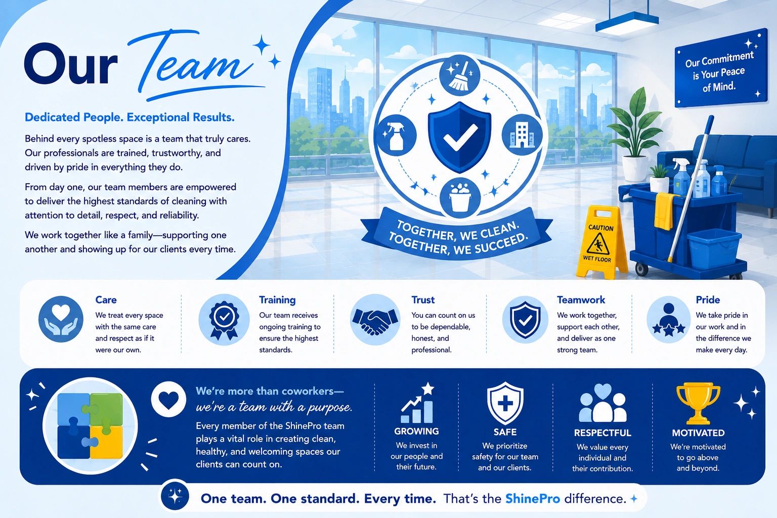 ShinePro cleaning team values care, trust, teamwork, and pride with commitment to excellence.