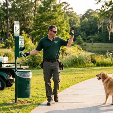 Man in park waving to a dog.