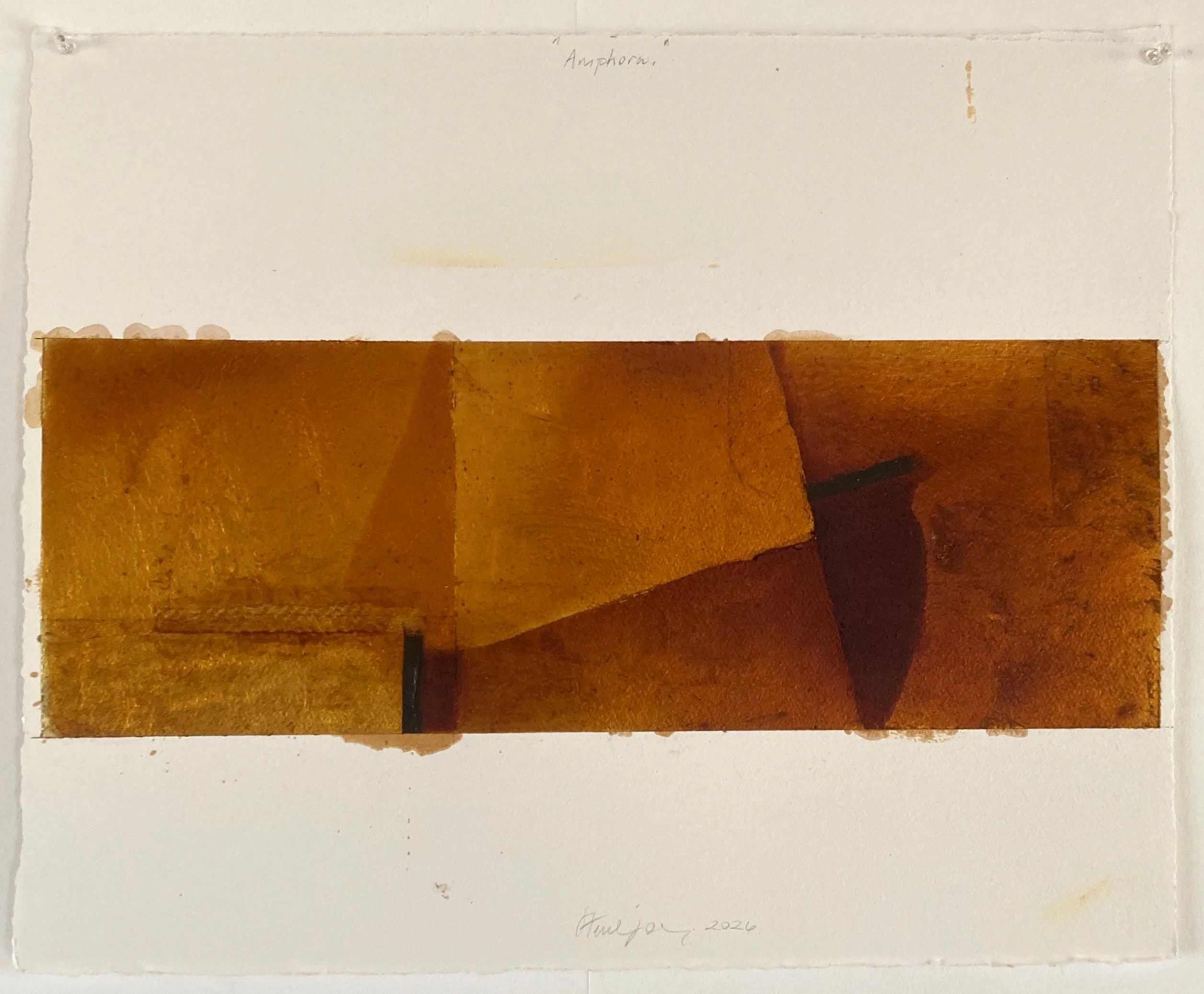 Abstract artwork with brown and orange geometric shapes on white paper.