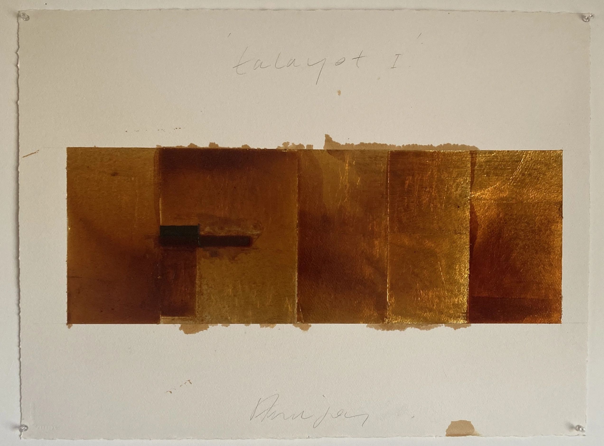 Abstract artwork titled 'talayot I' with gold and brown shades.