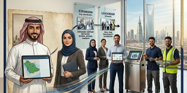 Diverse professionals showcase digital tools and leadership in a modern office with a cityscape backdrop.