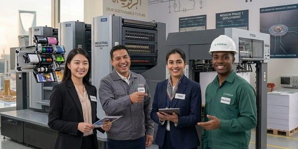 Four professionals smiling in a modern industrial printing facility.
