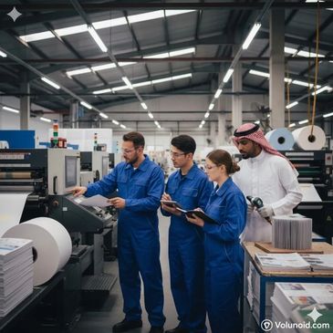 Team of diverse workers in blue uniforms inspecting printing machines in a factory.