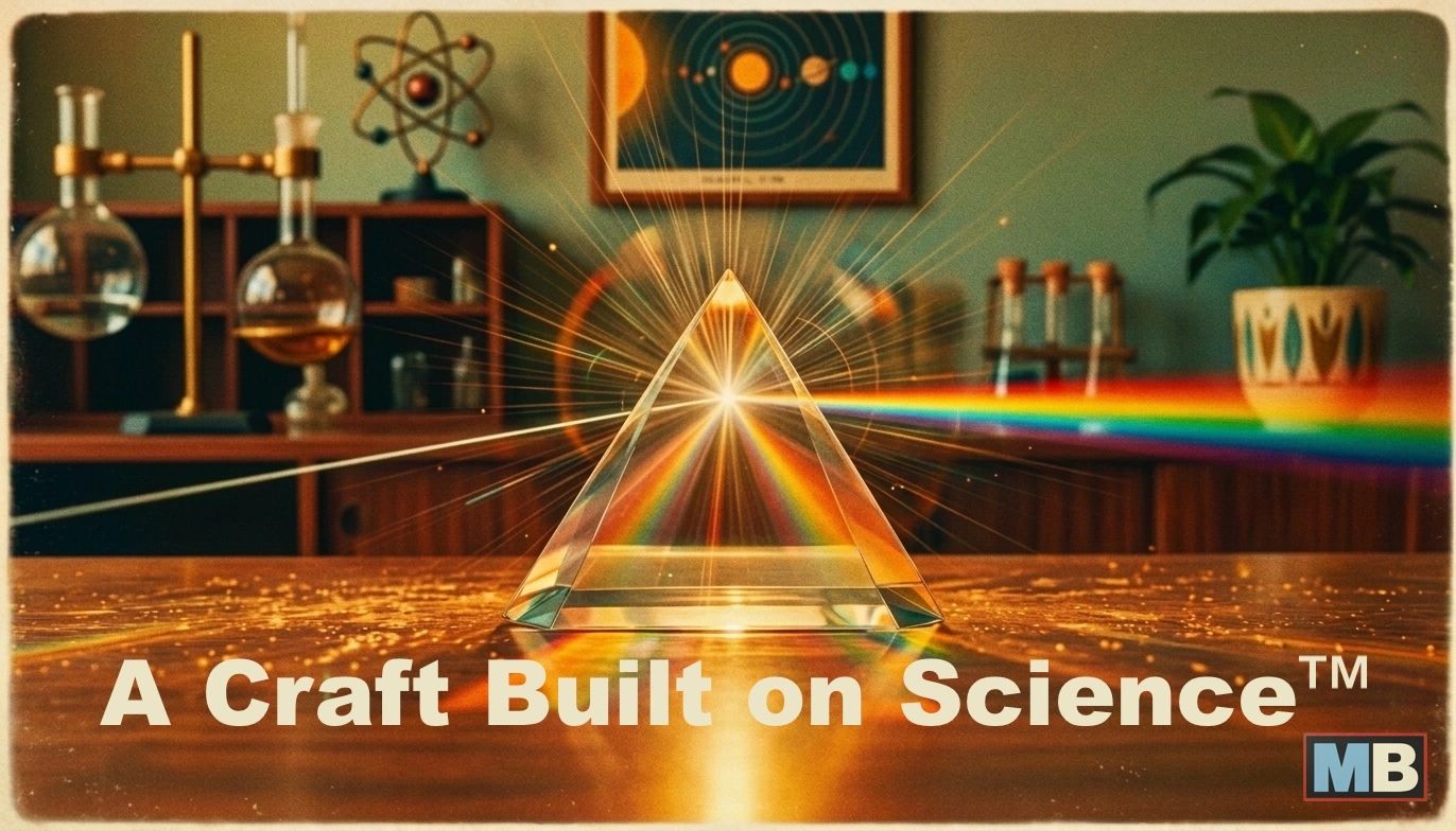 Glass prism dispersing light into a rainbow spectrum on a wooden table.
