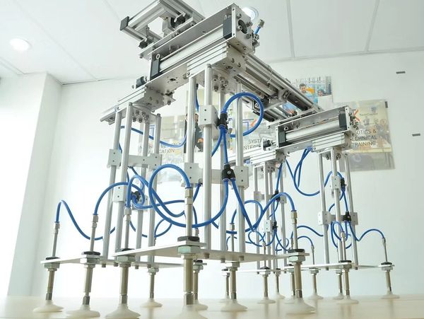Industrial pneumatic robotic arms with suction cups.