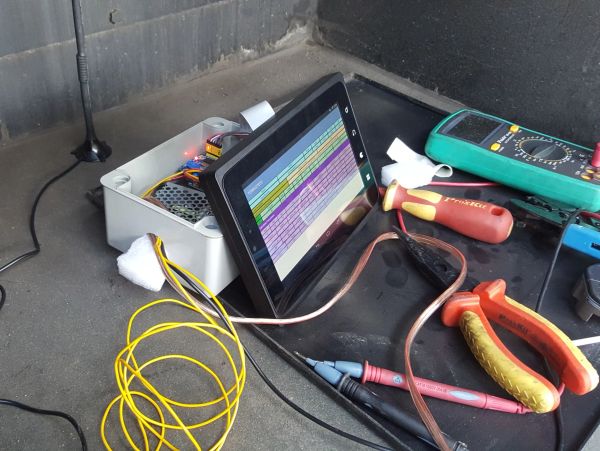 Tablet with tools and wiring on a workbench.
