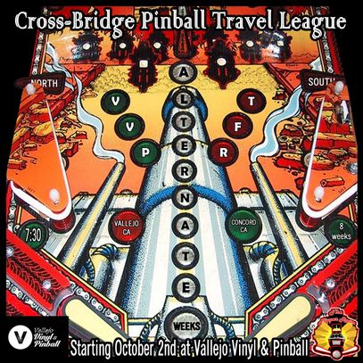Pinball machine playfield promoting Cross-Bridge Pinball Travel League.