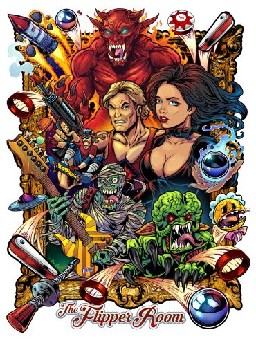 Colorful, dynamic illustration of characters and elements from The Flipper Room pinball art.