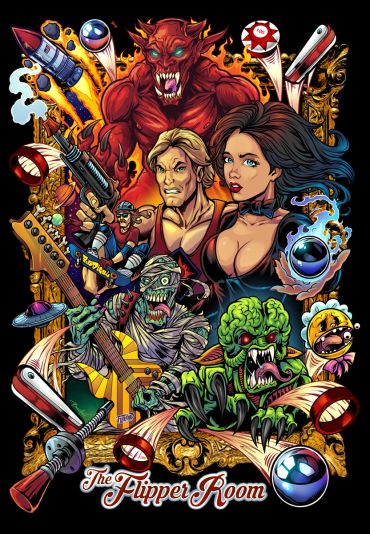 Vibrant fantasy pinball art featuring monsters, heroes, and iconic elements.
