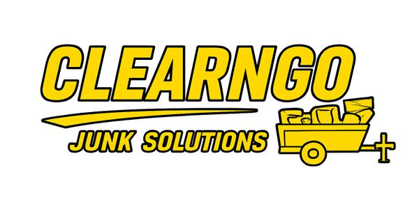 Logo for Clearngo Junk Solutions with yellow text and a trailer full of junk.