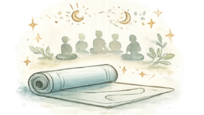 Watercolor illustration of a yoga mat with meditating figures and celestial elements.