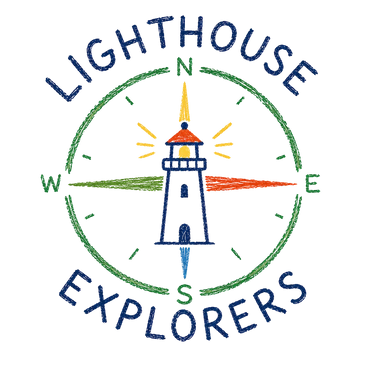 Logo of Lighthouse Explorers with a lighthouse and compass design.