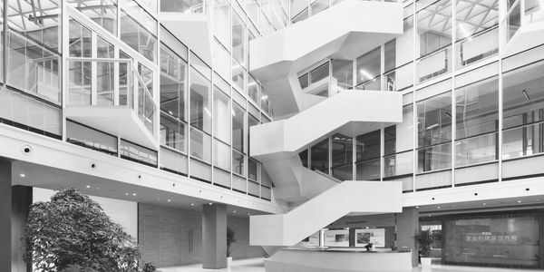 Business building stairs in black and white