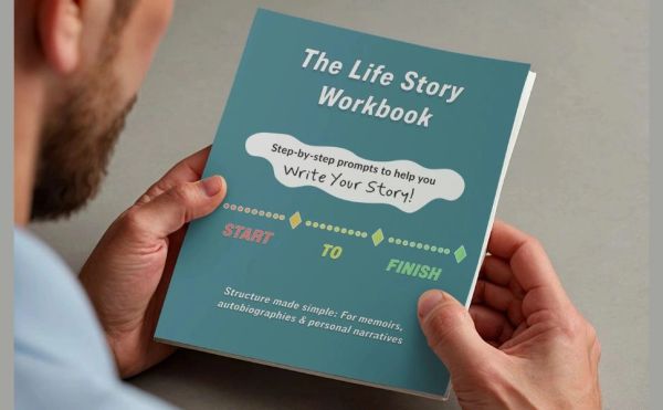 Person holding The Life Story Workbook for writing personal stories.