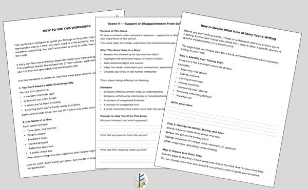 Workbook pages on writing stories and scenes.