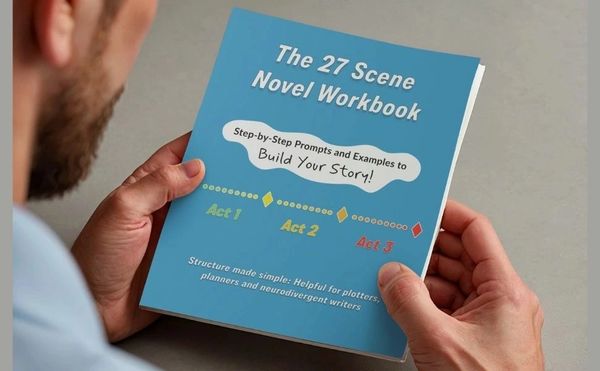 Person holding a novel workbook titled 'The 27 Scene Novel Workbook'.