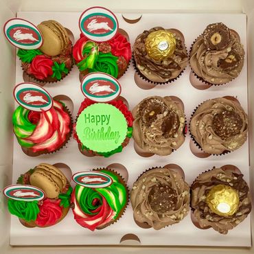 A mixed box of Happy Birthday themed Ferrero Rocher and Salted Caramel cupcakes