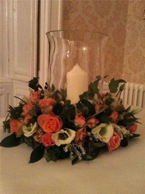 Hurricane vase table arrangement, upper secret roses cream eustoma